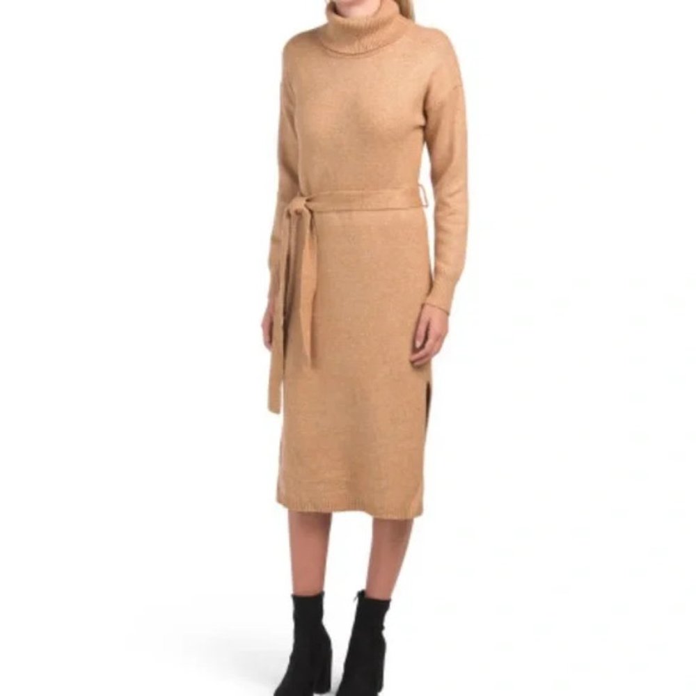 Rachel and Zoe Size 2X Long Sweater Dress with Tie Light Brown Turtleneck NWt